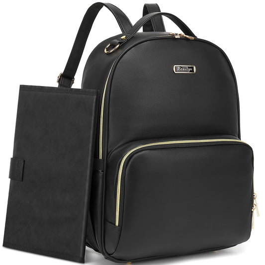 Leather Diaper Bag Backpack - Large Capacity Baby Essentials Travel Baby Bag with Changing Pad Multi function Waterproof Baby Bag with Adjustable Shoulder Strap & Stroller Straps
